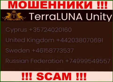 Вызов от интернет мошенников TerraLunaUnity Com можно ожидать с любого телефонного номера, их у них немало