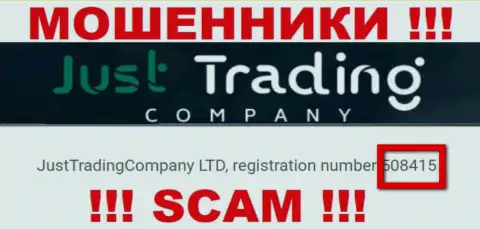 Номер регистрации JustTradeCompany Com, который указан мошенниками на их портале: 508415