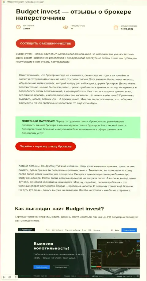Budget Invest - это ОБМАНЩИКИ !!!  - достоверные факты в обзоре манипуляций организации