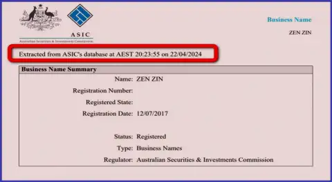 Документ, доказывающий присутствие регистрации у организации Zinnera Com